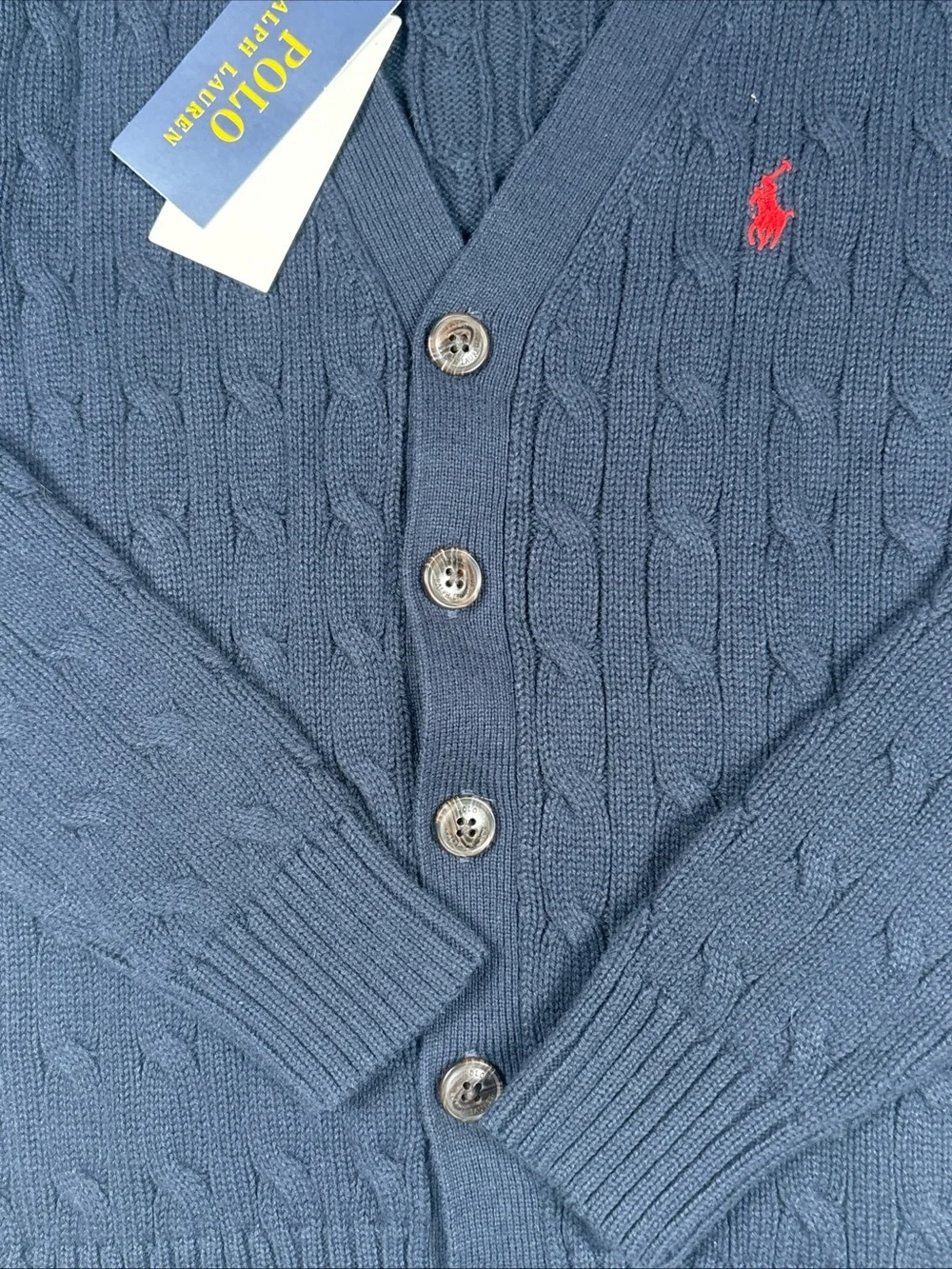 Polo by Ralph Lauren Boys Navy Cable-Knit Cardigan with Red Pony